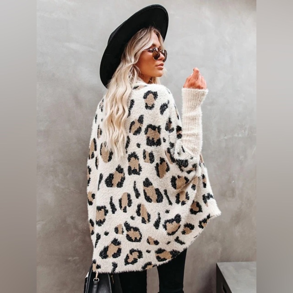 Leopard Print Open Front Cardigan, White/Brown - Picture 7 of 11